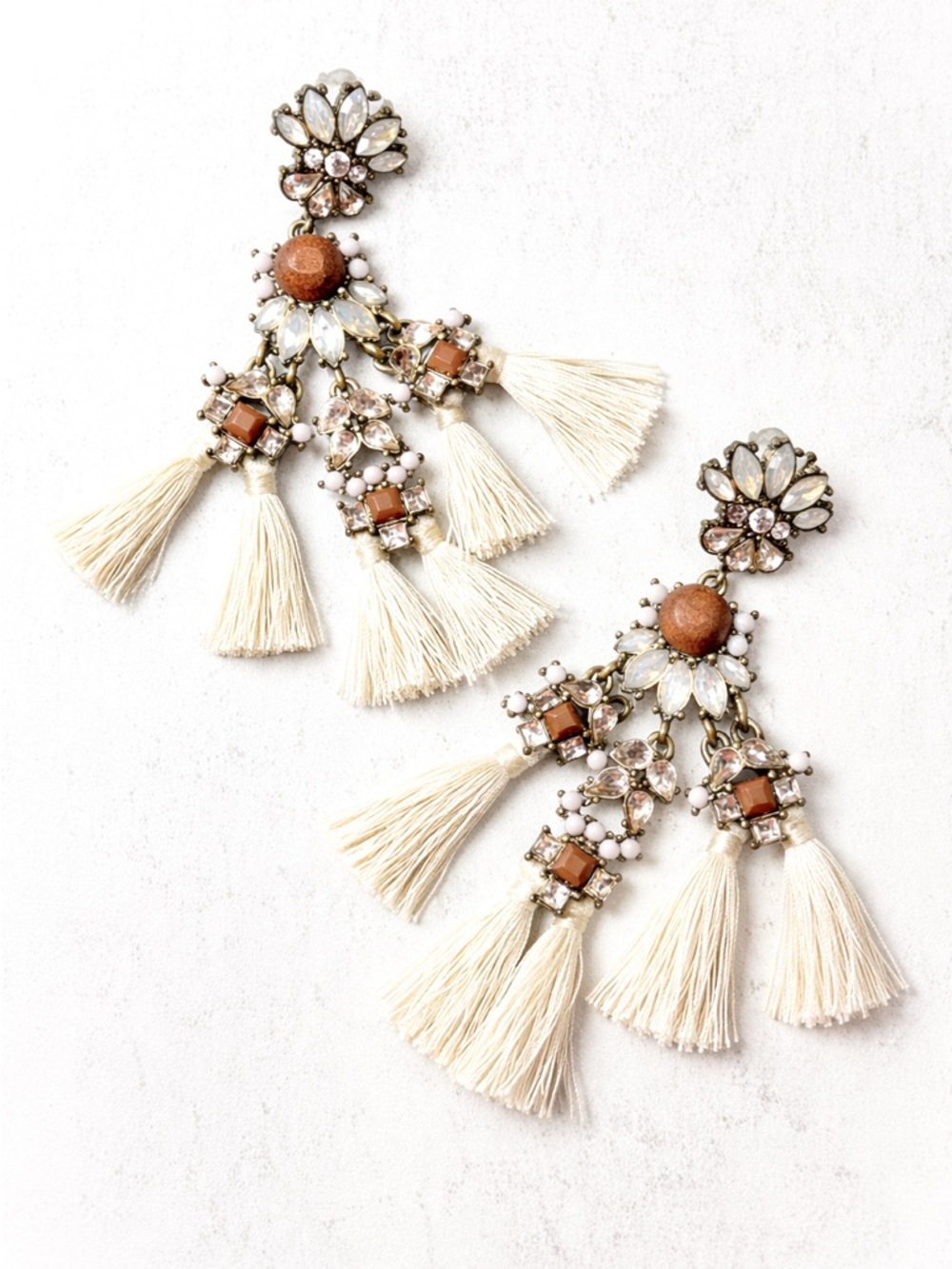 BaubleBar Tassel Chandelier Earrings Crystal Statement Ivory Fringe Boho